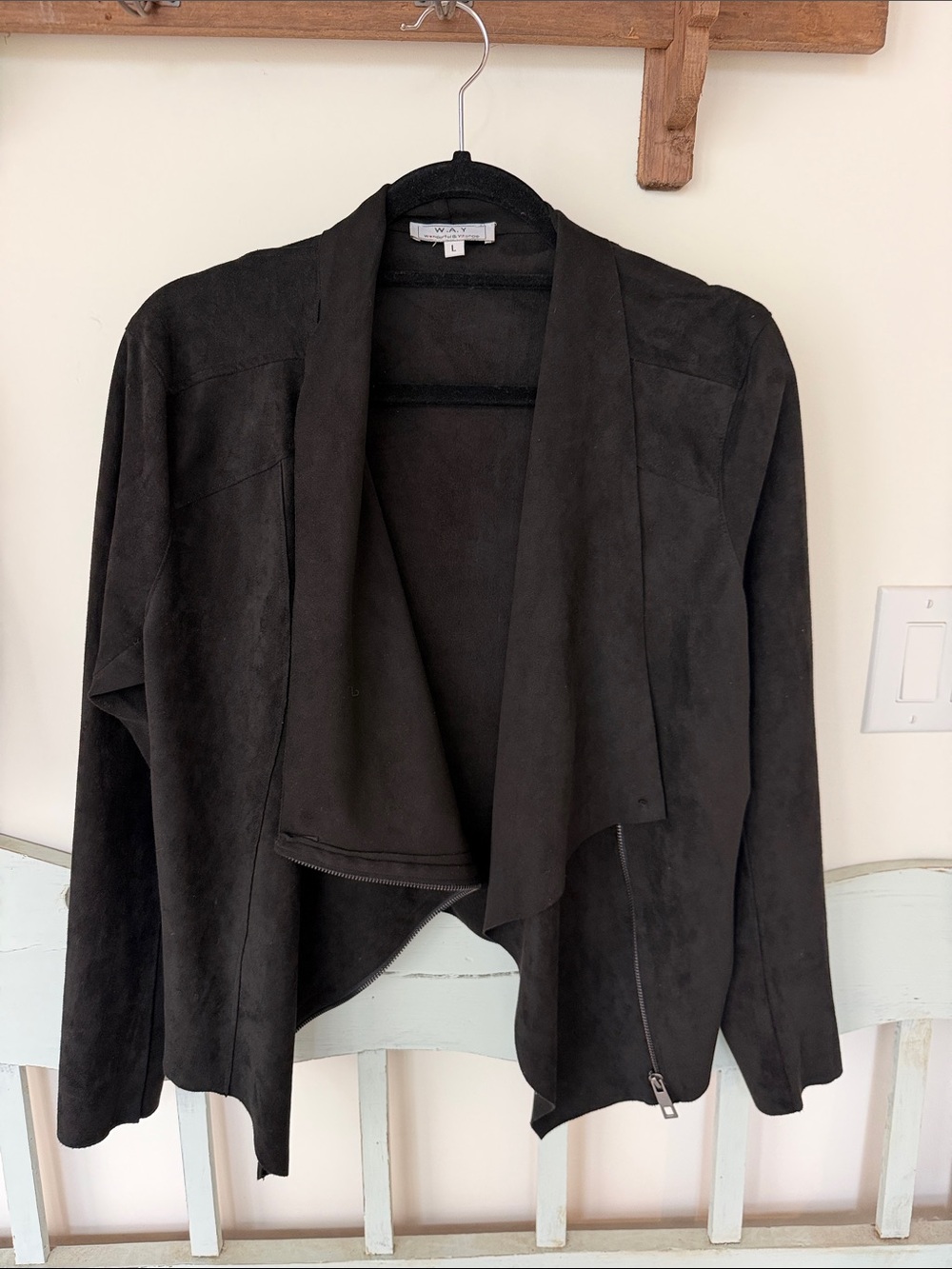 Draped Open-Front Suede Blazer Jacket - Black
